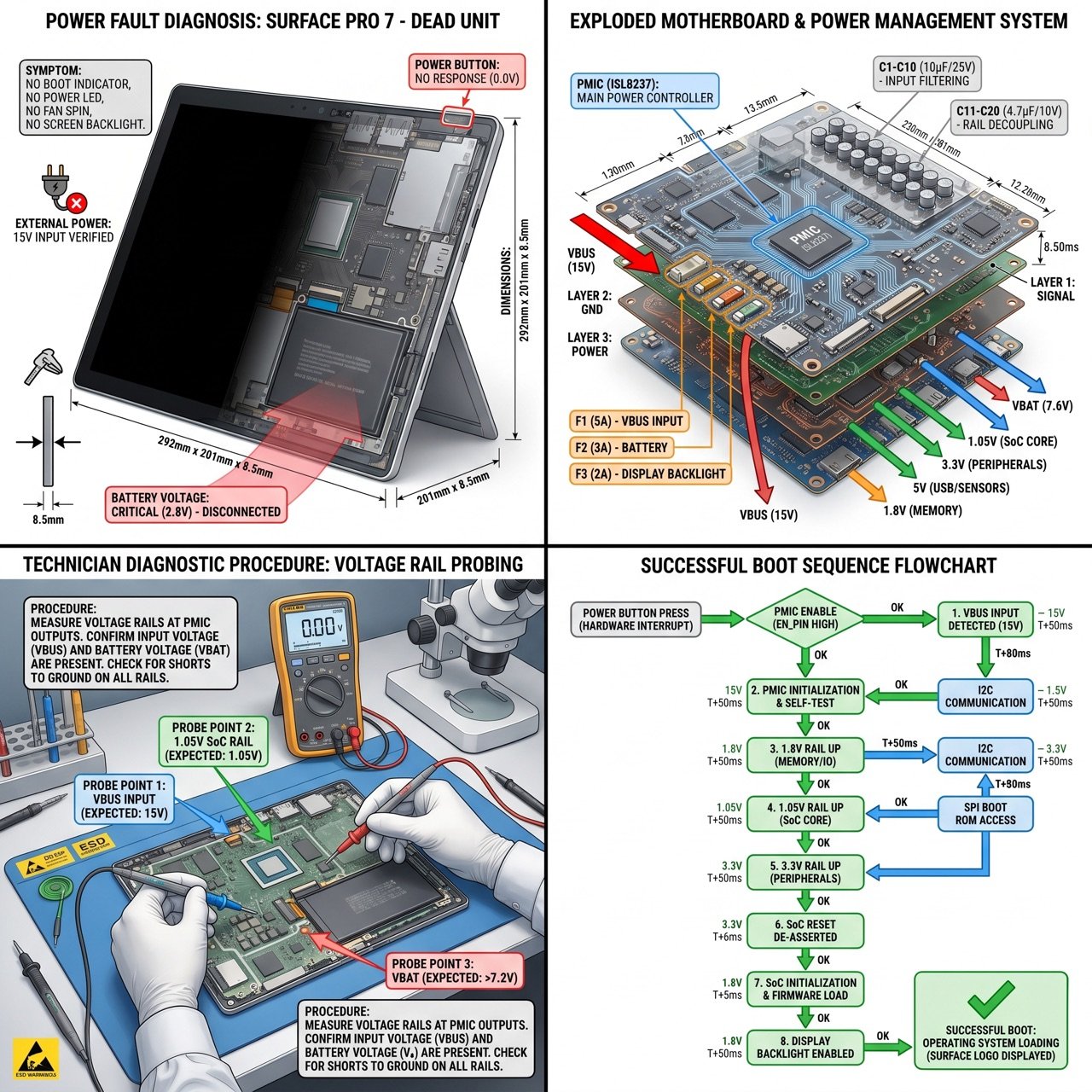 Microsoft Surface Studio 2+ Surface Free Diagnostic — Microsoft Surface not turning on fix — power-management IC diagnostics and boot-sequence flowchart infographic, Dubai