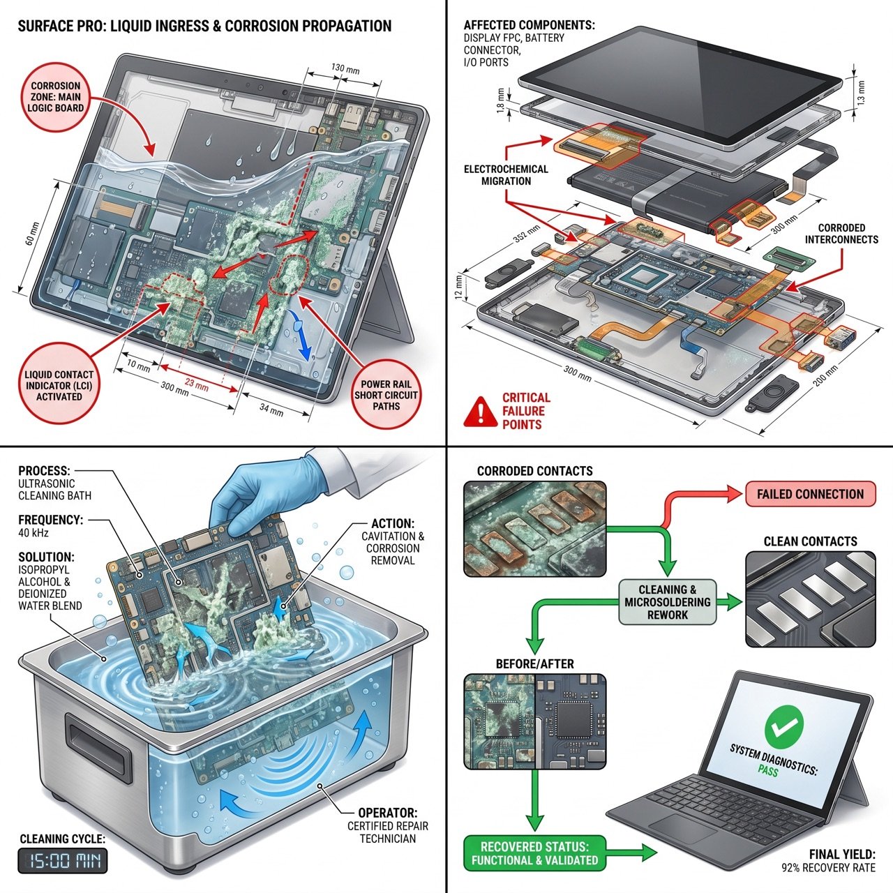 Microsoft Surface Pro 11th Ed Intel Business Surface Water Damage Recovery — Microsoft Surface water damage recovery — motherboard corrosion, ultrasonic cleaning and component-level repair infographic, Dubai